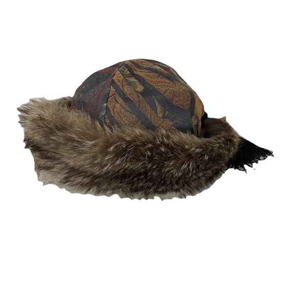 VTG 90s Von Henneberg Silk Brocade Tapestry Fur Lined Hat Artsy Handmade S/M main image 10